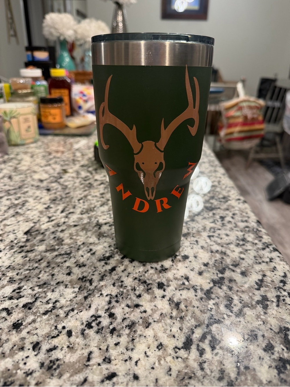 Personalized Dark Green Insulated Tumbler with Brown Antler Skull Graphic-Andrew